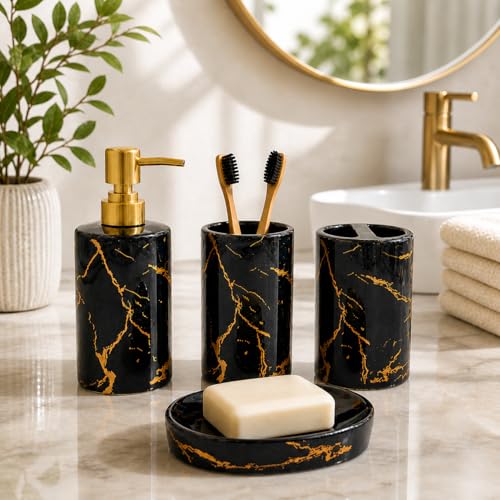 Whizzo® Italian Design Bathroom Accessories Set Ceramic - 4 Piece Bathroom Accessories Set Soap Dispenser, Toothbrush Holder, Tumbler, Soap Dish, The Best Gifting Choice (Black, WZ-BS-799-Black) - Image 1
