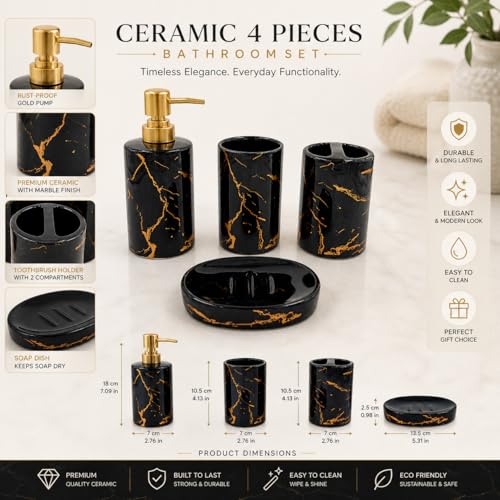 Whizzo® Italian Design Bathroom Accessories Set Ceramic - 4 Piece Bathroom Accessories Set Soap Dispenser, Toothbrush Holder, Tumbler, Soap Dish, The Best Gifting Choice (Black, WZ-BS-799-Black) - Image 2