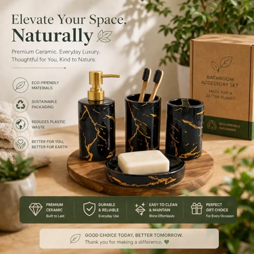 Whizzo® Italian Design Bathroom Accessories Set Ceramic - 4 Piece Bathroom Accessories Set Soap Dispenser, Toothbrush Holder, Tumbler, Soap Dish, The Best Gifting Choice (Black, WZ-BS-799-Black) - Image 4