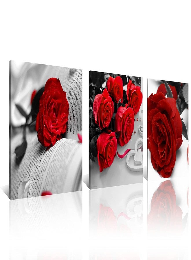 NAN Wind 3 Pcs Black White with Red Wall Art Red Rose Wall Decor Abstract Decorations Flower Picture on Canvas for Home Decor Stretched and Framed 12X12inches - Image 1