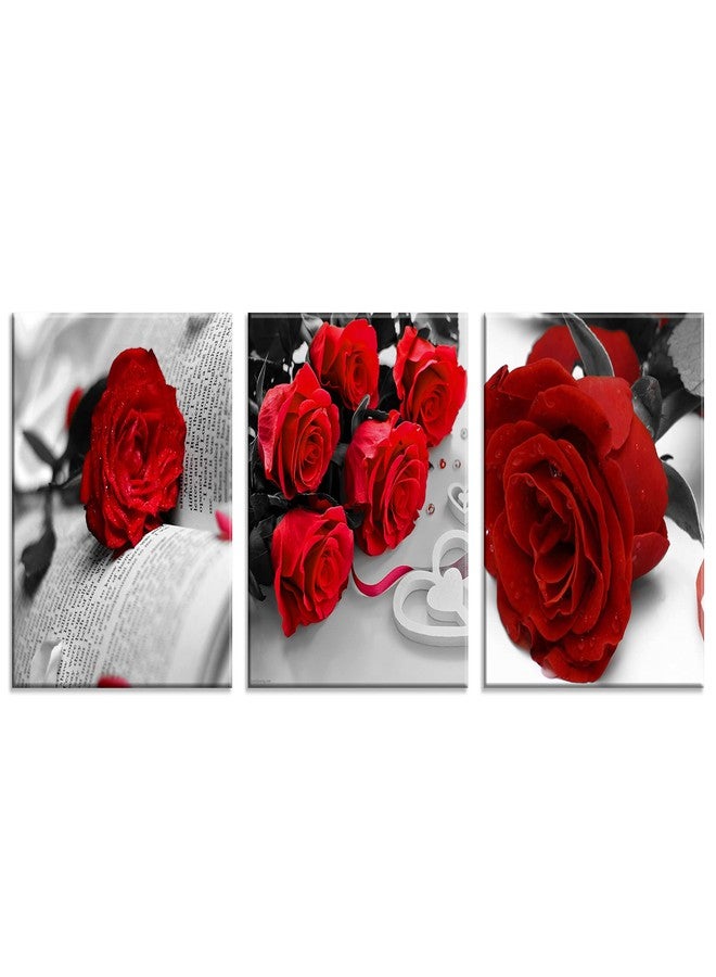 NAN Wind 3 Pcs Black White with Red Wall Art Red Rose Wall Decor Abstract Decorations Flower Picture on Canvas for Home Decor Stretched and Framed 12X12inches - Image 2
