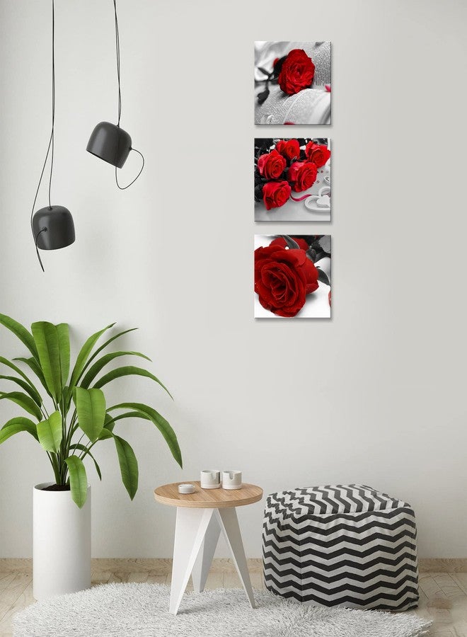 NAN Wind 3 Pcs Black White with Red Wall Art Red Rose Wall Decor Abstract Decorations Flower Picture on Canvas for Home Decor Stretched and Framed 12X12inches - Image 5