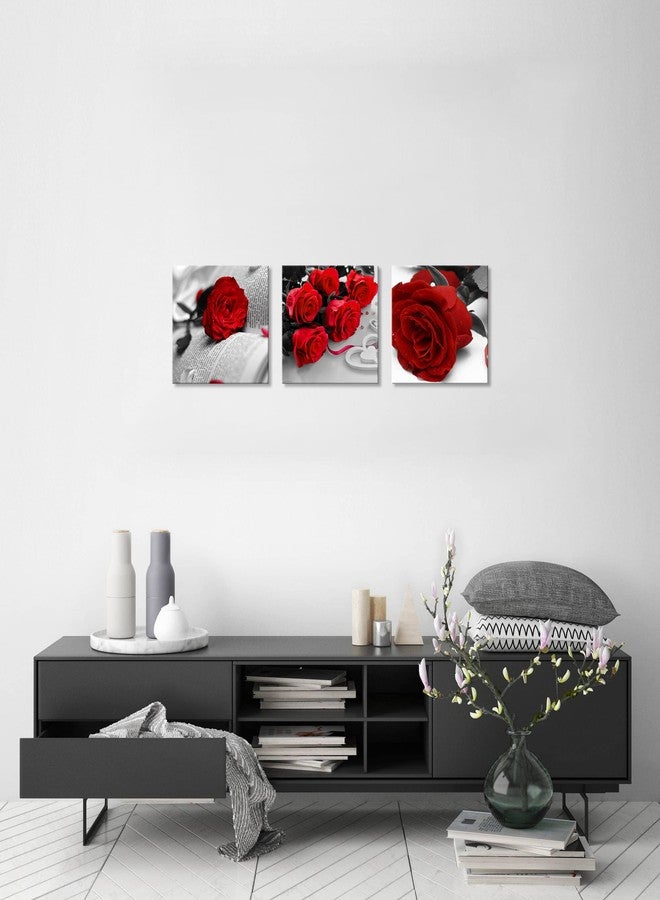 NAN Wind 3 Pcs Black White with Red Wall Art Red Rose Wall Decor Abstract Decorations Flower Picture on Canvas for Home Decor Stretched and Framed 12X12inches - Image 4
