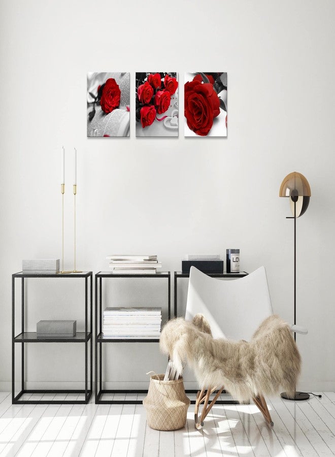 NAN Wind 3 Pcs Black White with Red Wall Art Red Rose Wall Decor Abstract Decorations Flower Picture on Canvas for Home Decor Stretched and Framed 12X12inches - Image 3