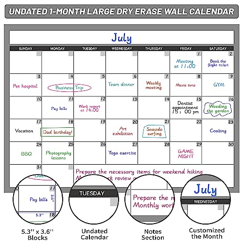 BooQool Large Dry Erase Calendar for Wall, Undated 1 Month Wall Calendar, 40" x 28" Erasable & Reusable Laminated Calendar, 10 Round Stickers, Great Layout Wall Calendar Monthly for Home Office School - Image 3