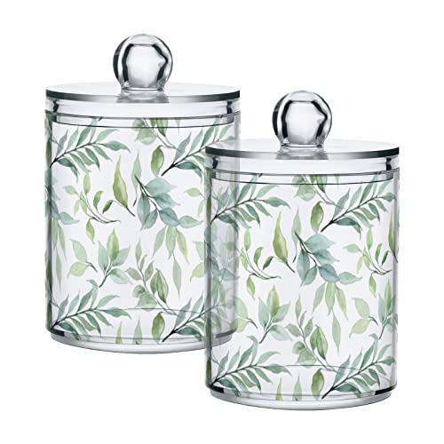 ZOEO Bathroom Canister Set of 2, Green Leaf Plant Summer Clear Plastic Jars Holder Dispenser Farmhouse Sugar Storage Countertop With Airtight Lids, Kitchen Theme Decor - Image 1