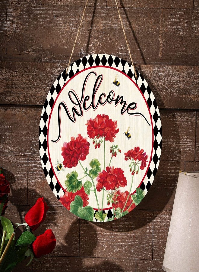 Ripeng Christmas Welcome Sign Wreaths Front Door Wooden Christmas Buffalo Plaid Door Hanger for Outdoor Indoor Outside Porch Farmhouse Home Window Wall Hanging Decoration, 11.81 Inch(Geranium Flower) - Image 5