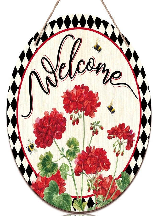 Ripeng Christmas Welcome Sign Wreaths Front Door Wooden Christmas Buffalo Plaid Door Hanger for Outdoor Indoor Outside Porch Farmhouse Home Window Wall Hanging Decoration, 11.81 Inch(Geranium Flower) - Image 1