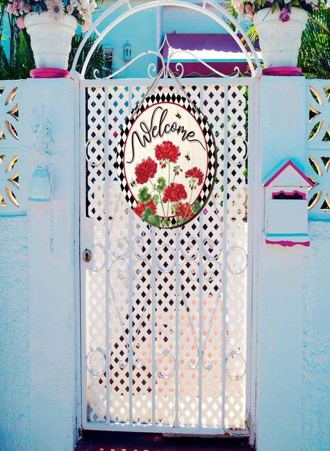 Ripeng Christmas Welcome Sign Wreaths Front Door Wooden Christmas Buffalo Plaid Door Hanger for Outdoor Indoor Outside Porch Farmhouse Home Window Wall Hanging Decoration, 11.81 Inch(Geranium Flower) - Image 2