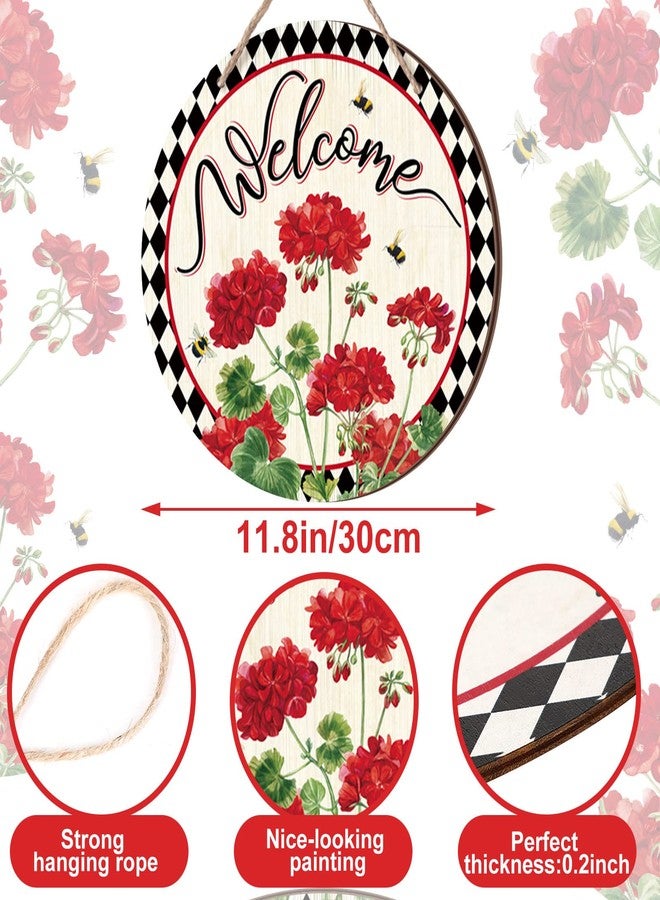 Ripeng Christmas Welcome Sign Wreaths Front Door Wooden Christmas Buffalo Plaid Door Hanger for Outdoor Indoor Outside Porch Farmhouse Home Window Wall Hanging Decoration, 11.81 Inch(Geranium Flower) - Image 3