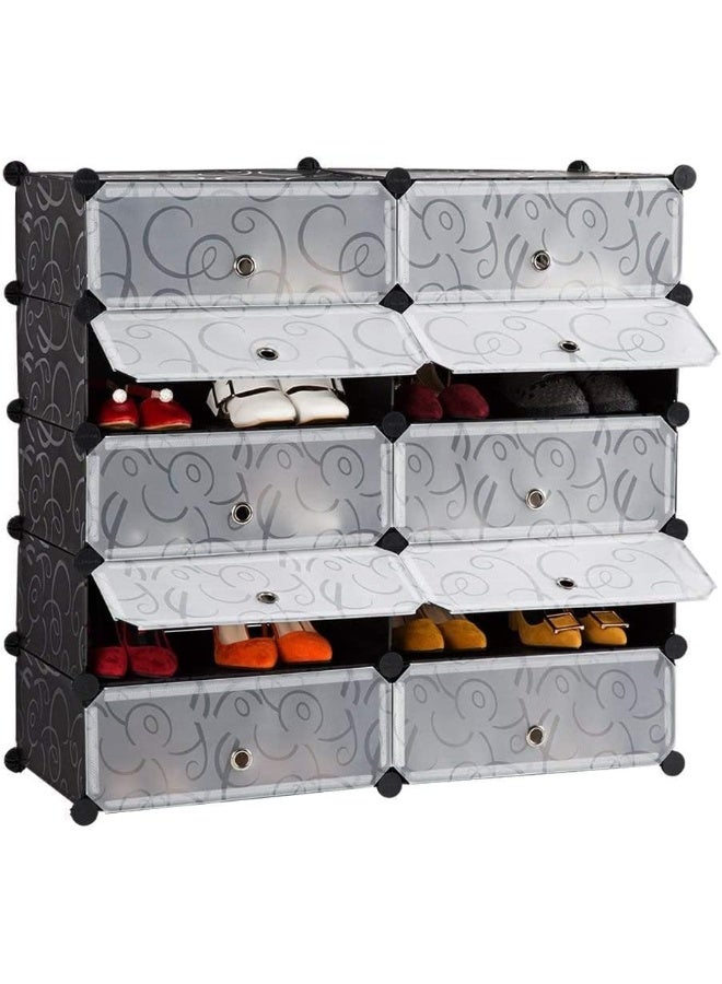 Generic SUPAAR DIY Shoe Rack, Storage Drawer Unit Multi Use Modular Organizer Plastic Cabinet with Doors, Black and White Curly Pattern (10 cubes)  - Image 1