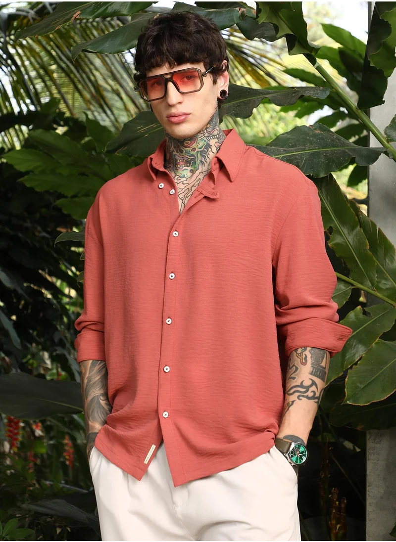 كامبوس سوترا Men's Coral Orange Breezy Wrinked Shirt For Casual Wear | Spread Collar | Long Cuffed Sleeves | Button Closure | Shirt Crafted With Comfort Fit For Everyday Wear