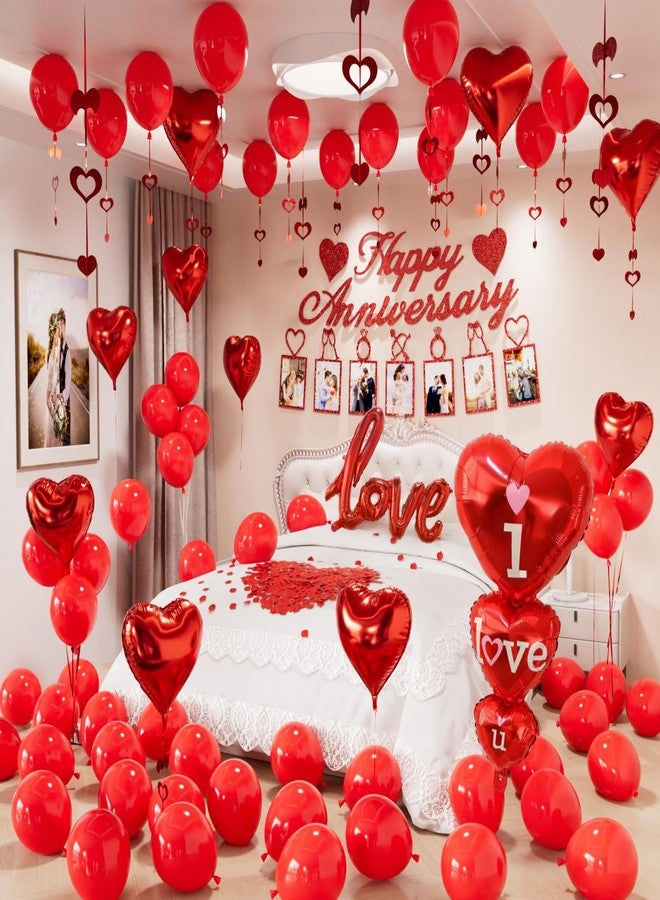 Haolongfa Happy Anniversary Decorations Set, Happy Anniversary Photo Banner, Love Balloon, Red Heart Balloons with Rose Petals, Romantic I Love You Balloons for Valentines Day, Anniversary,Wedding, Proposal - Image 1