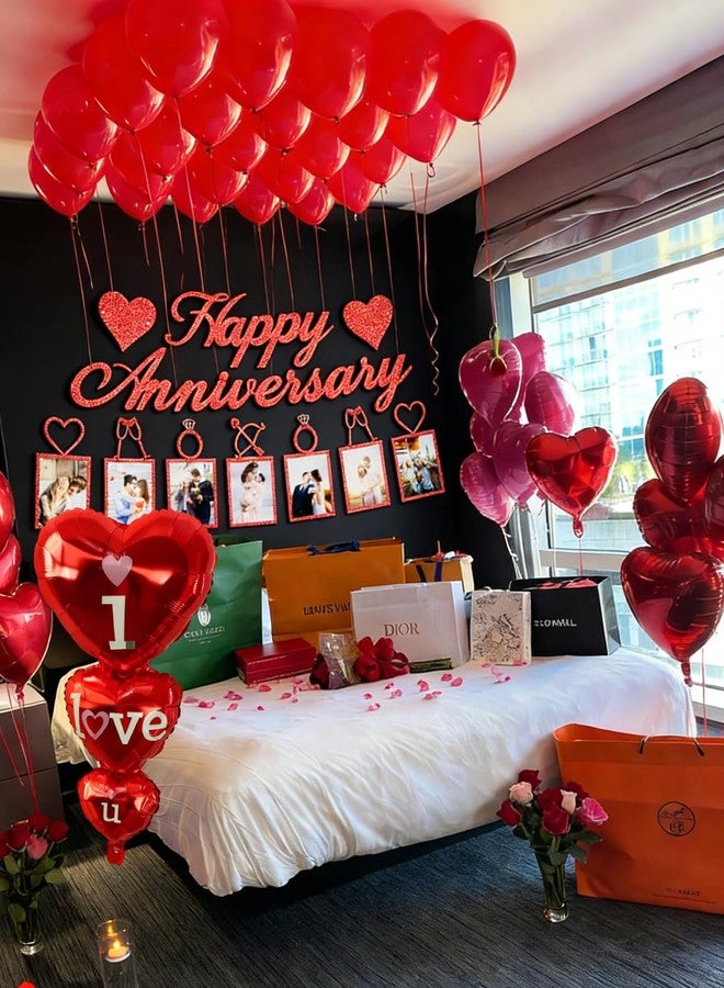 Haolongfa Happy Anniversary Decorations Set, Happy Anniversary Photo Banner, Love Balloon, Red Heart Balloons with Rose Petals, Romantic I Love You Balloons for Valentines Day, Anniversary,Wedding, Proposal - Image 4