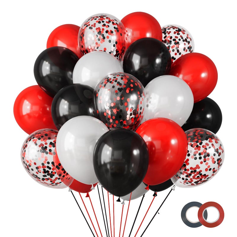 RUBFAC 65pcs 12 Inches Red Black White Balloons Kit Black Red White Confetti Party Balloons with Ribbons for Birthday Wedding Baby Shower Graduation Stranger Things Decorations