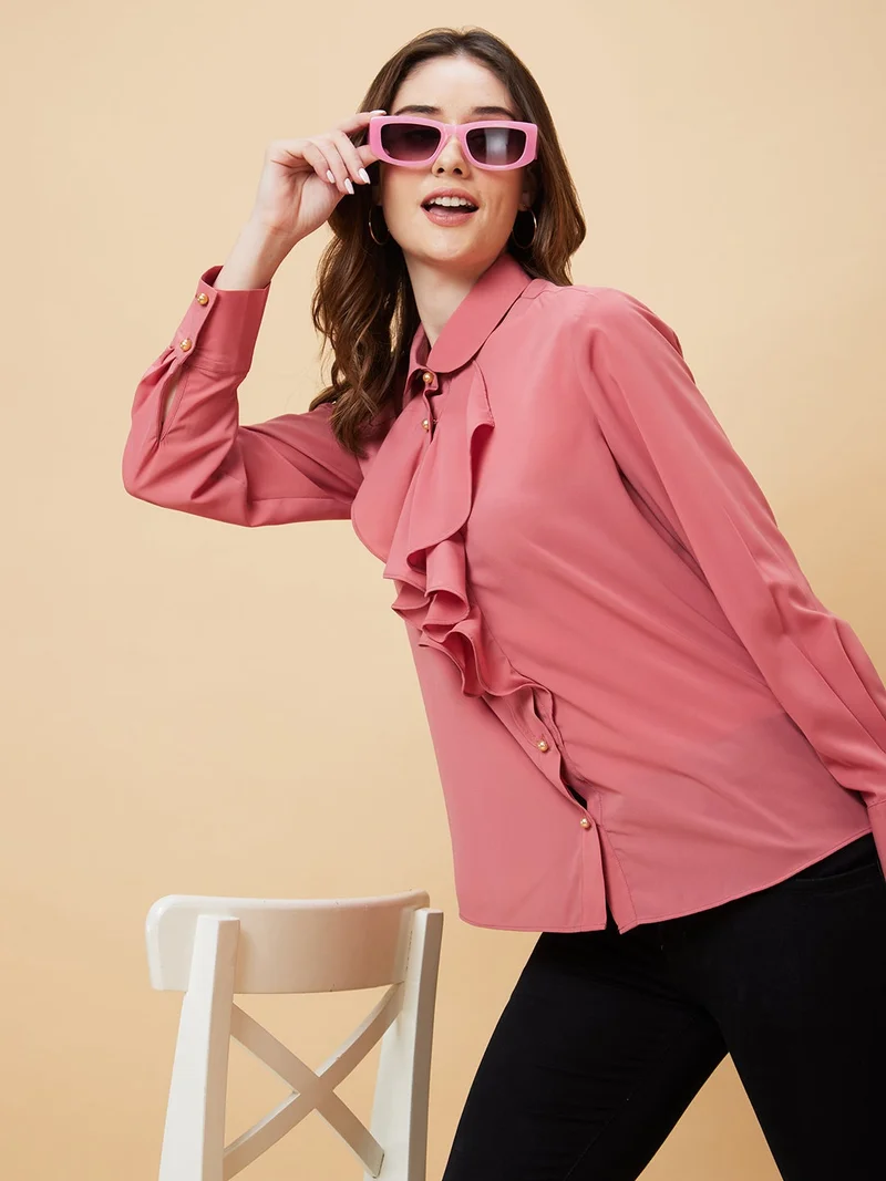 جلو باص Globus Women Pink Tie-Up Neck Ruffles Top