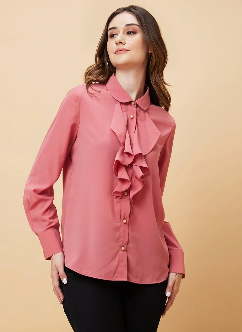 جلو باص Globus Women Pink Tie-Up Neck Ruffles Top