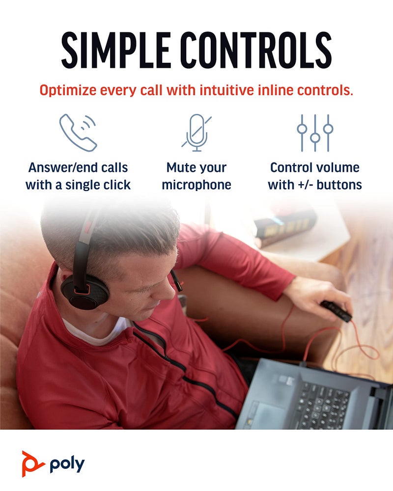 Poly - Blackwire 5220 USB-A Headset (Plantronics) - Wired, Dual Ear (Stereo) Computer Headset with Boom Mic - USB-A, 3.5 mm to connect to your PC, Mac, Tablet and/or Cell Phone - Image 4