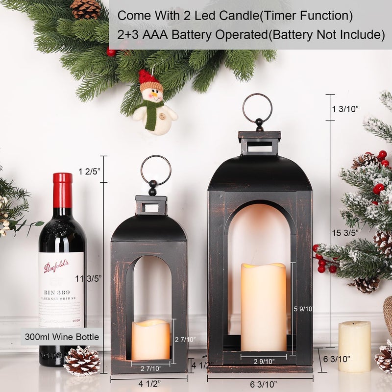 DECORKEY LED Lantern Decorative Outdoor&Indoor, Set of 2 (17’’&13’’) Black Metal Lanterns Decor, Vintage Hanging Candle Holder for Home Porch Wedding Halloween Christmas Decorations Battery Powered - Image 2
