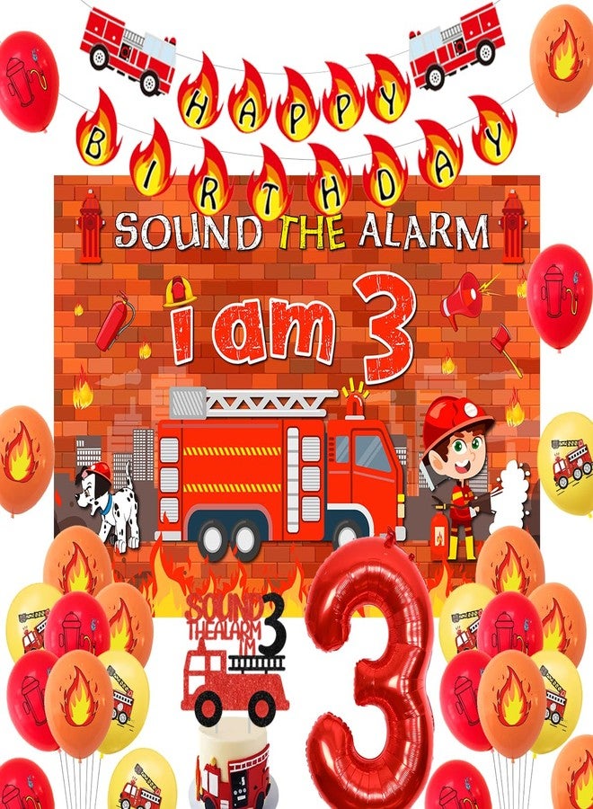 Balterever Fire Truck 3rd Birthday Decoration Sound the Alarm I Am 3 Birthday Decorations Sound the Alarm I Am Happy Bday Banner, Backdrop, Cake Topper Firemen Bday Decorations for 3rd Bday Supplies - Image 1