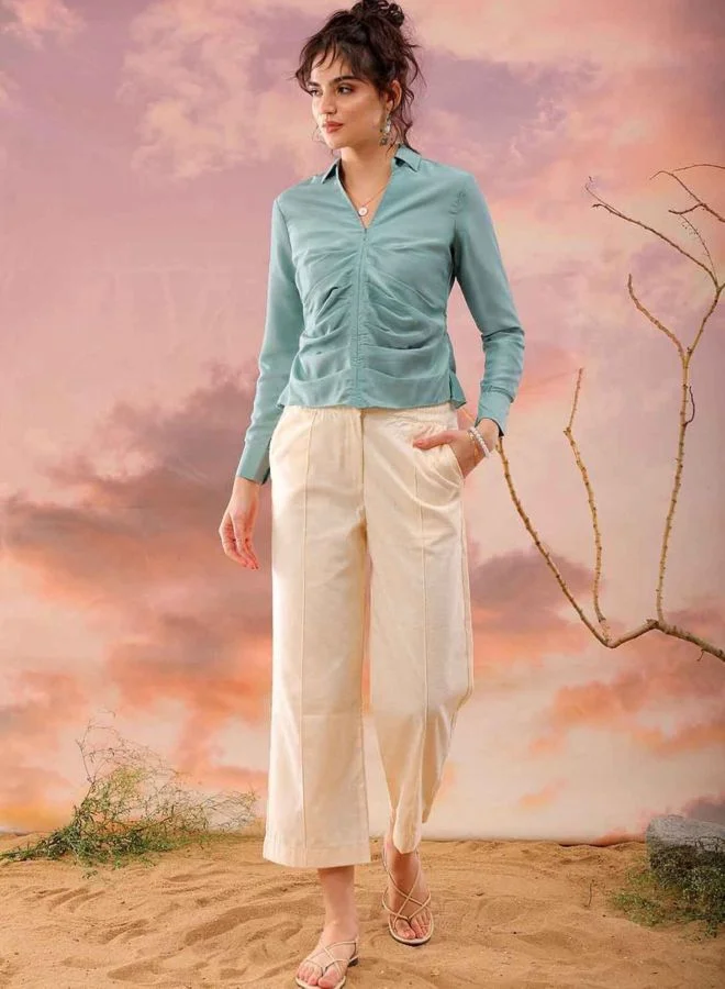 Freehand  Women Regular Fit Solid Round Neck Long Sleeve Pleated Top for Women | Best Price UAE