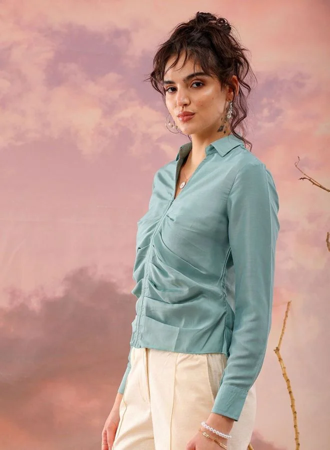 Freehand  Women Regular Fit Solid Round Neck Long Sleeve Pleated Top for Women | Best Price UAE
