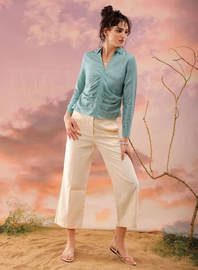 Freehand  Women Regular Fit Solid Round Neck Long Sleeve Pleated Top for Women | Best Price UAE