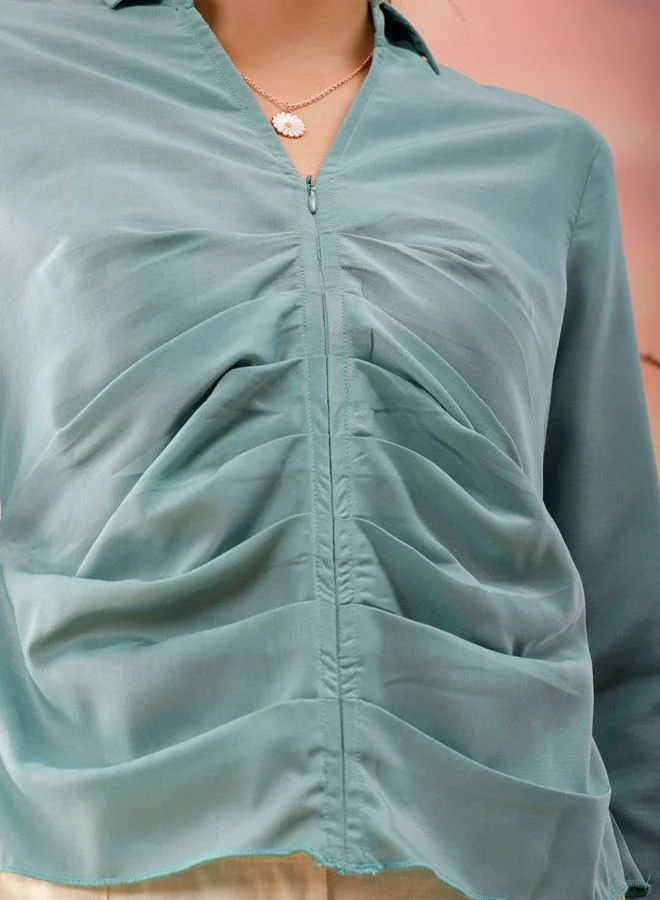 Freehand  Women Regular Fit Solid Round Neck Long Sleeve Pleated Top for Women | Best Price UAE