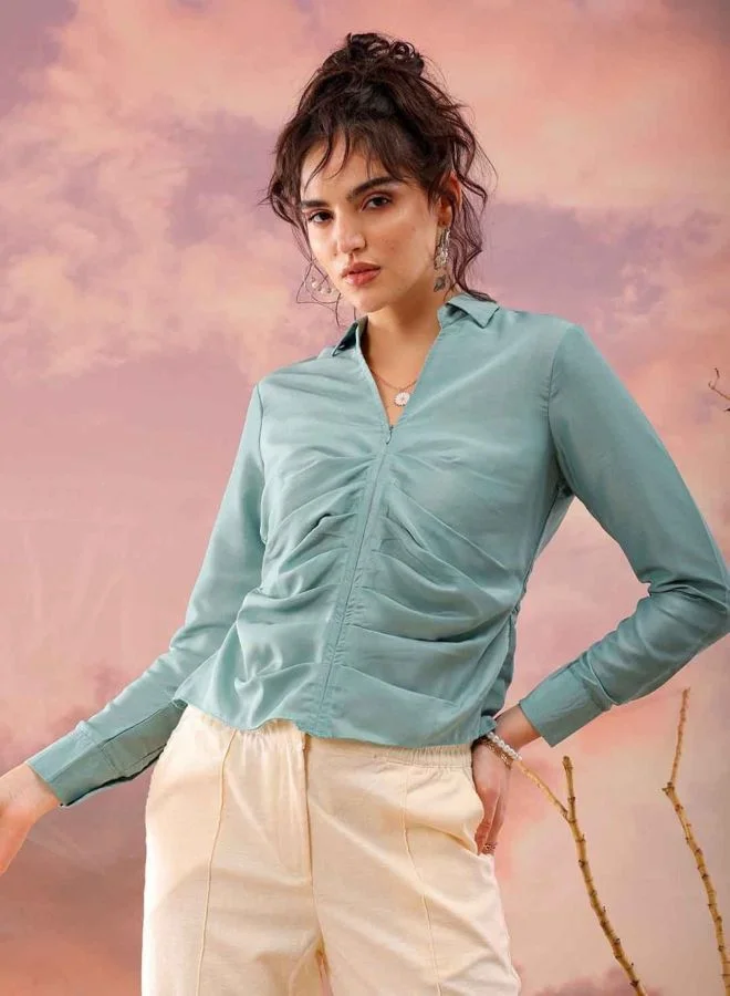 Women Regular Fit Solid Round Neck Long Sleeve Pleated Top