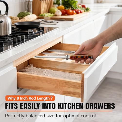 TUO Honing Steel, Sharpener Rod with Thicker Steel Core for Kitchen Knives Daily Sharpening Maintenance, High Carbon Steel, Ergonomic Handle, 8 inch - Image 3