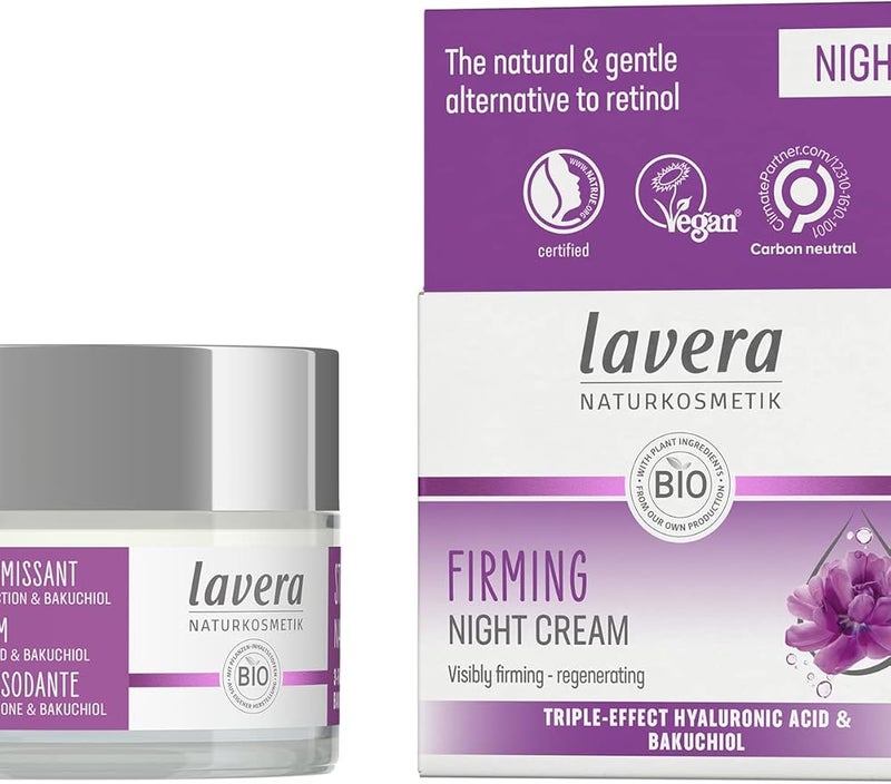 كريم الليل الم firming من لافيرا مع حمض الهيالورونيك ثلاثي التأثير باكوتشيول مضاد للشيخوخة نباتي عضوي للعناية بالبشرة 50 مل