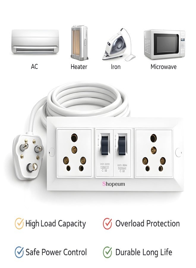 Shopeum 16A Extension Board with MCB, 2 Socket Heavy Duty Extension Cord, 2.5 sqmm Copper Cable, 3 Pin Plug, High Power 2000W for AC, Geyser, Heater (2-9 Meter, White) (2 Meter) - Image 4