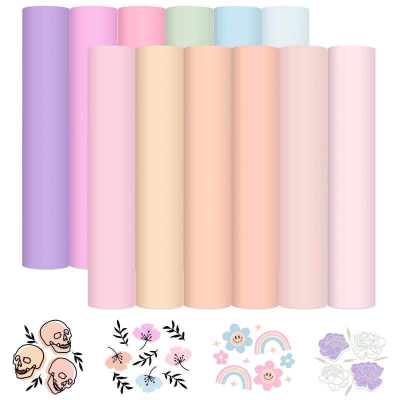 VINYL FROG Pastel Adhesive Vinyl Bundle  12 Sheets 12x12 Matte Boho Craft Vinyl 12 Assorted Colors Vinyl Packs for Most Kinds of Cutting Machines Car Decal Decor Sticker