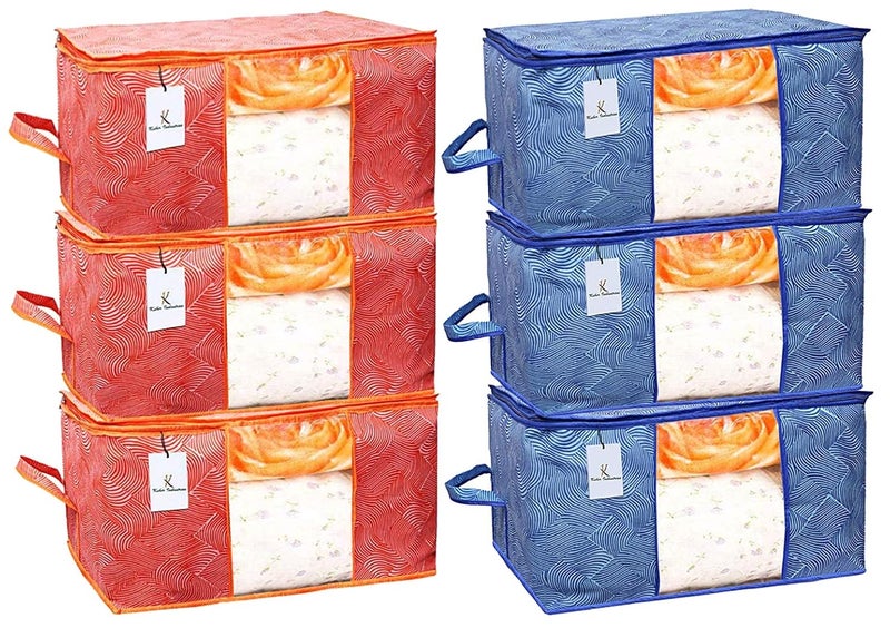 Kuber Industries Leheriya Printed 6 Piece Non Woven Fabric Underbed Storage BagCloth OrganiserBlanket Cover with Transparent Window Orange Blue CTKTC41130 - Image 1