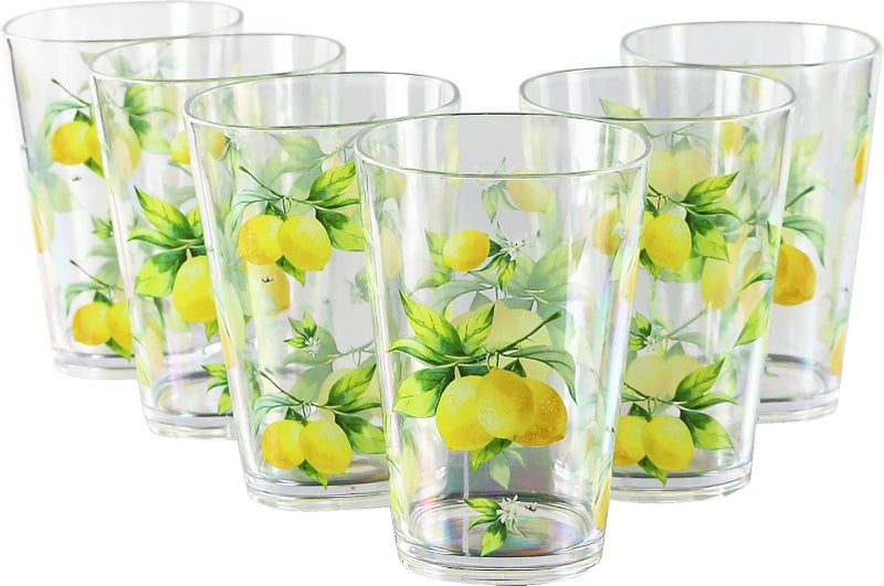 Calypso Basics Fresh Lemons by Reston Lloyd 8oz Acrylic Juice Drinkware Set of 6 white lemon green