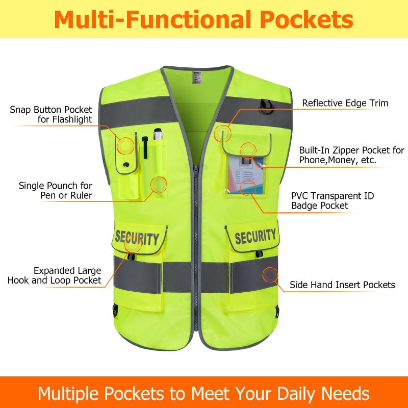 TCCFCCT Security Vest for Security Guard 9 Pockets High Visibility Reflective Safety Vest for Men Women, Durable Hi Vis Vest with Reinforced Sewing, Meets ANSI/ISEA, (G100S-Yellow, L) - Image 3