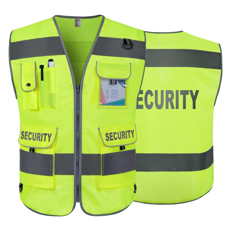 TCCFCCT Security Vest for Security Guard 9 Pockets High Visibility Reflective Safety Vest for Men Women, Durable Hi Vis Vest with Reinforced Sewing, Meets ANSI/ISEA, (G100S-Yellow, L) - Image 1