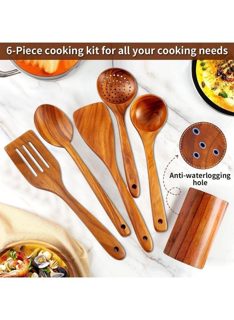 6 قطع خشبية أواني المطبخ مجموعة ، الطبيعية خشب الساج ملاعق خشبية ل غير عصا عموم للطبخ (يشمل المقلية ملعقة ، ثلاثة خط ملعقة ، مصفاة ملعقة ، ملعقة شوربة كبيرة ، سلطة ملعقة ، مطابقة حامل خشبي) - Image 4