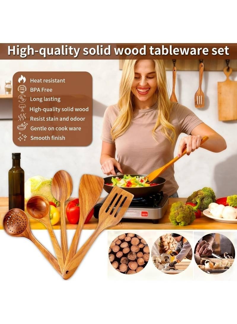 6 قطع خشبية أواني المطبخ مجموعة ، الطبيعية خشب الساج ملاعق خشبية ل غير عصا عموم للطبخ (يشمل المقلية ملعقة ، ثلاثة خط ملعقة ، مصفاة ملعقة ، ملعقة شوربة كبيرة ، سلطة ملعقة ، مطابقة حامل خشبي) - Image 5