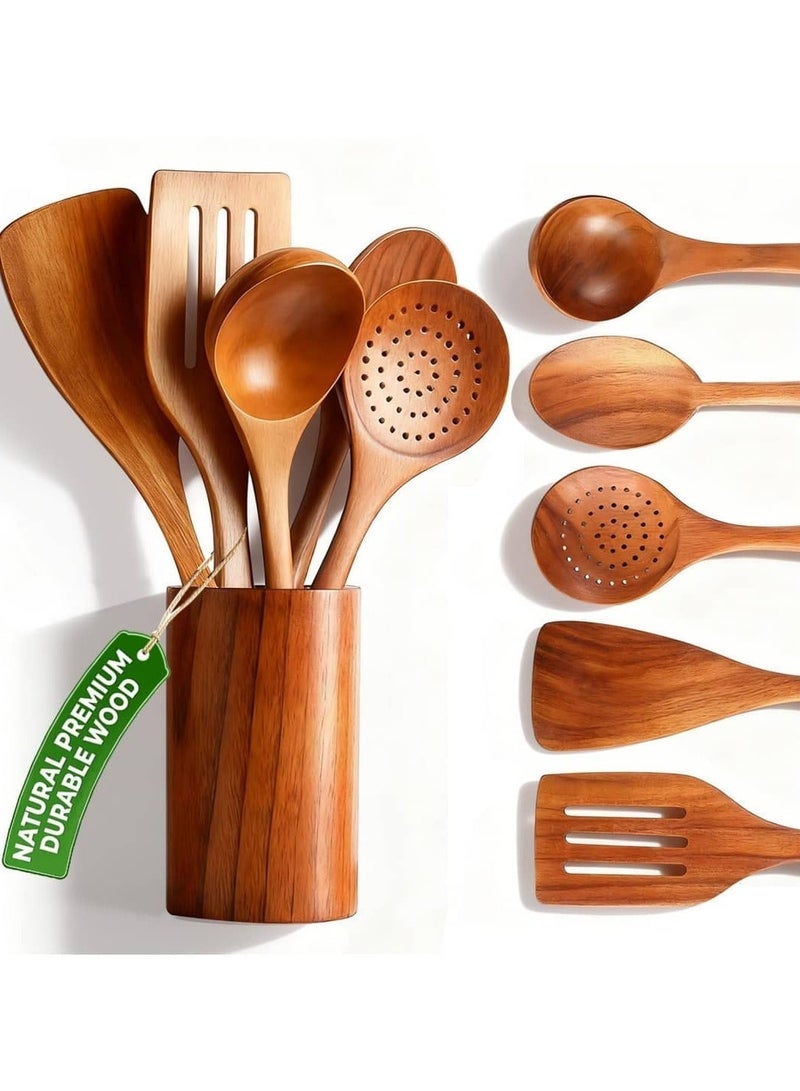6 قطع خشبية أواني المطبخ مجموعة ، الطبيعية خشب الساج ملاعق خشبية ل غير عصا عموم للطبخ (يشمل المقلية ملعقة ، ثلاثة خط ملعقة ، مصفاة ملعقة ، ملعقة شوربة كبيرة ، سلطة ملعقة ، مطابقة حامل خشبي) - Image 1