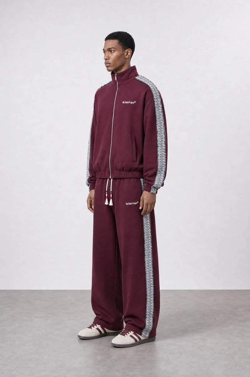 Respire Men's NBP Striped Detail Doubleface Tracksuit Set, Burgundy
