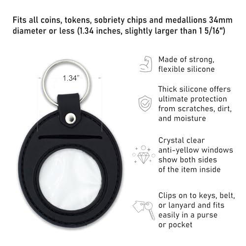 The Token Shop AA Coin Holder Keychain | Displays Both Sides of Sobriety Chips, Medallions, Recovery Coins, and Tokens | Also Fits Apple Airtag | Waterproof Scratchproof Soft Silicone Key Ring (Black) - Image 3