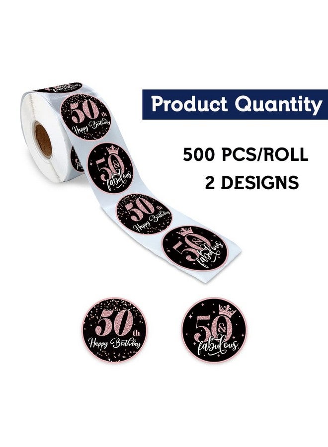 REWIDPARTY Rose Gold 50Th Birthday Sticker Rolls（500 Pcs）Happy 50Th Birthday Stickers 50 And Fabulous Round Stickers Birthday Party Favor Stickers Birthday Party Decorations Adhesive Party Stickers - Image 3