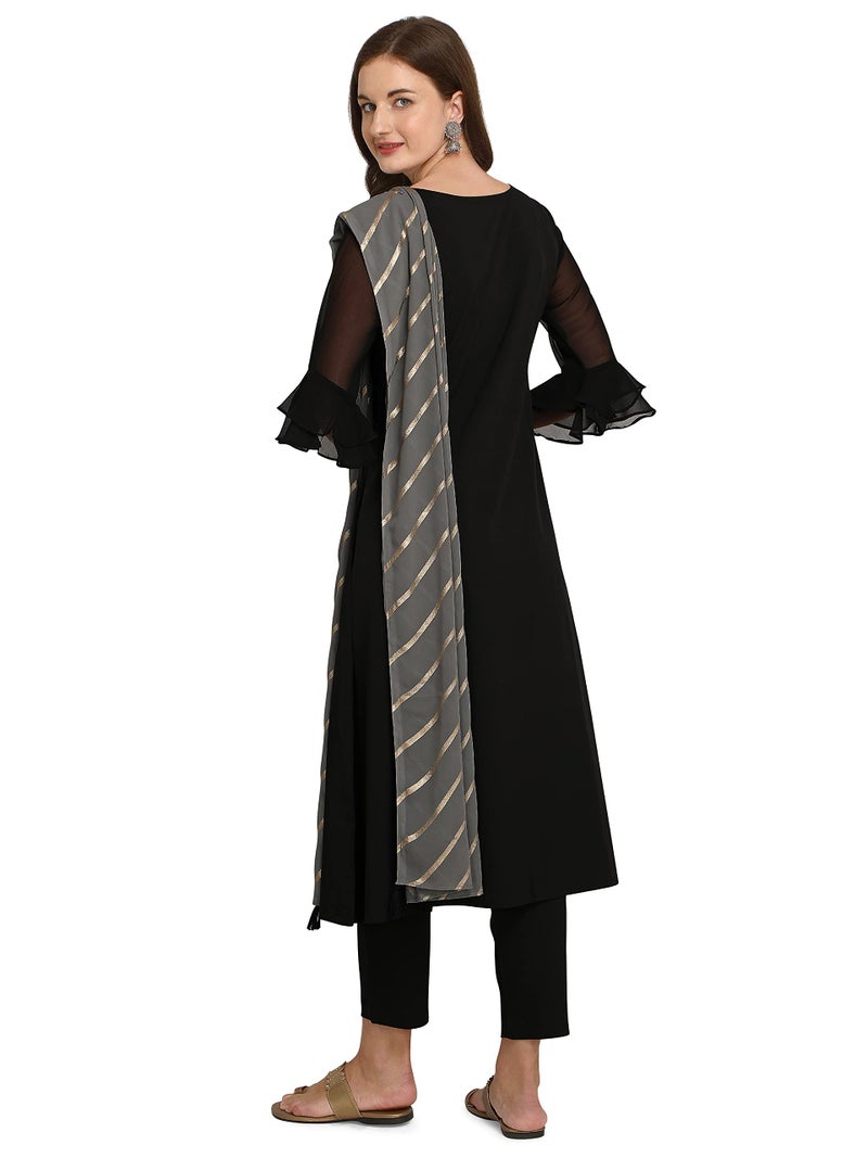 FIORRA Women's Black Poly Crepe A-Line Kurta with Pant and Dupatta SET0012-2XL - Image 2