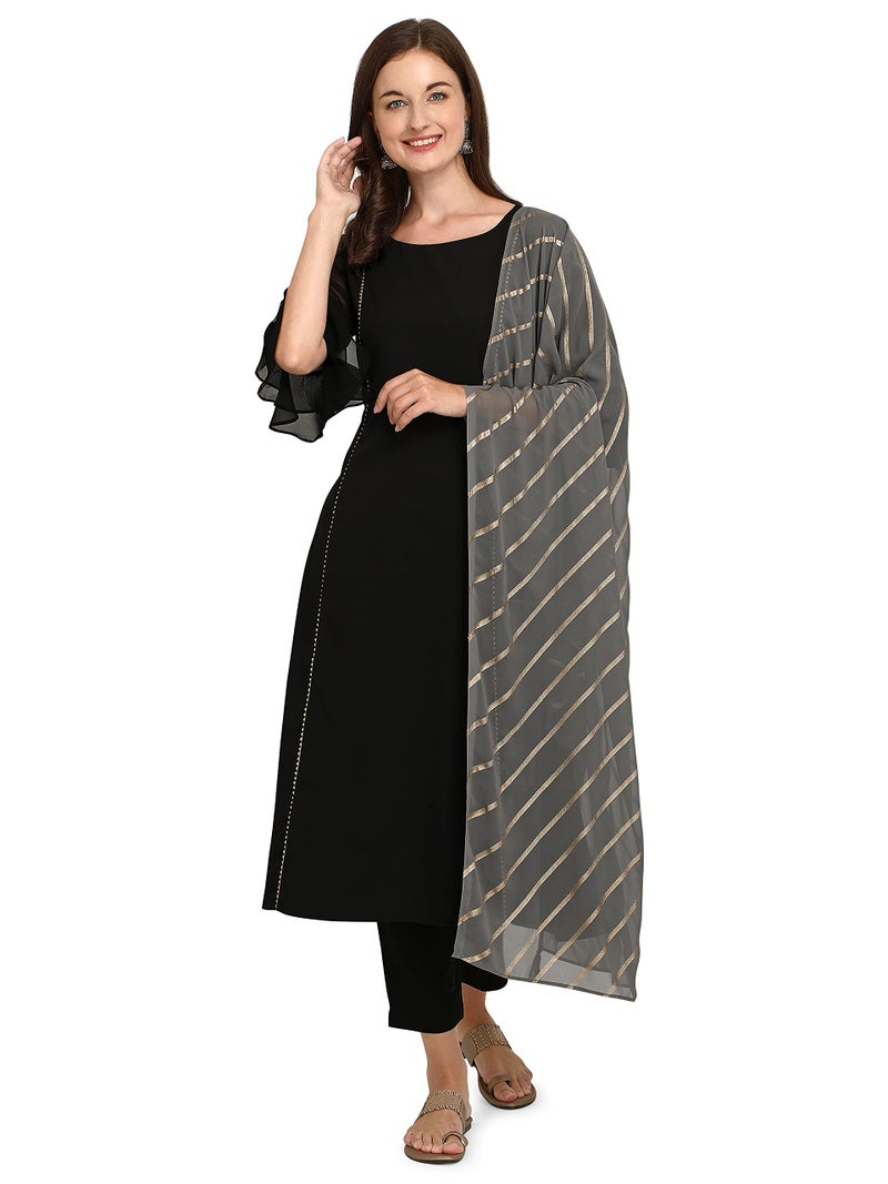 FIORRA Women's Black Poly Crepe A-Line Kurta with Pant and Dupatta SET0012-2XL - Image 1