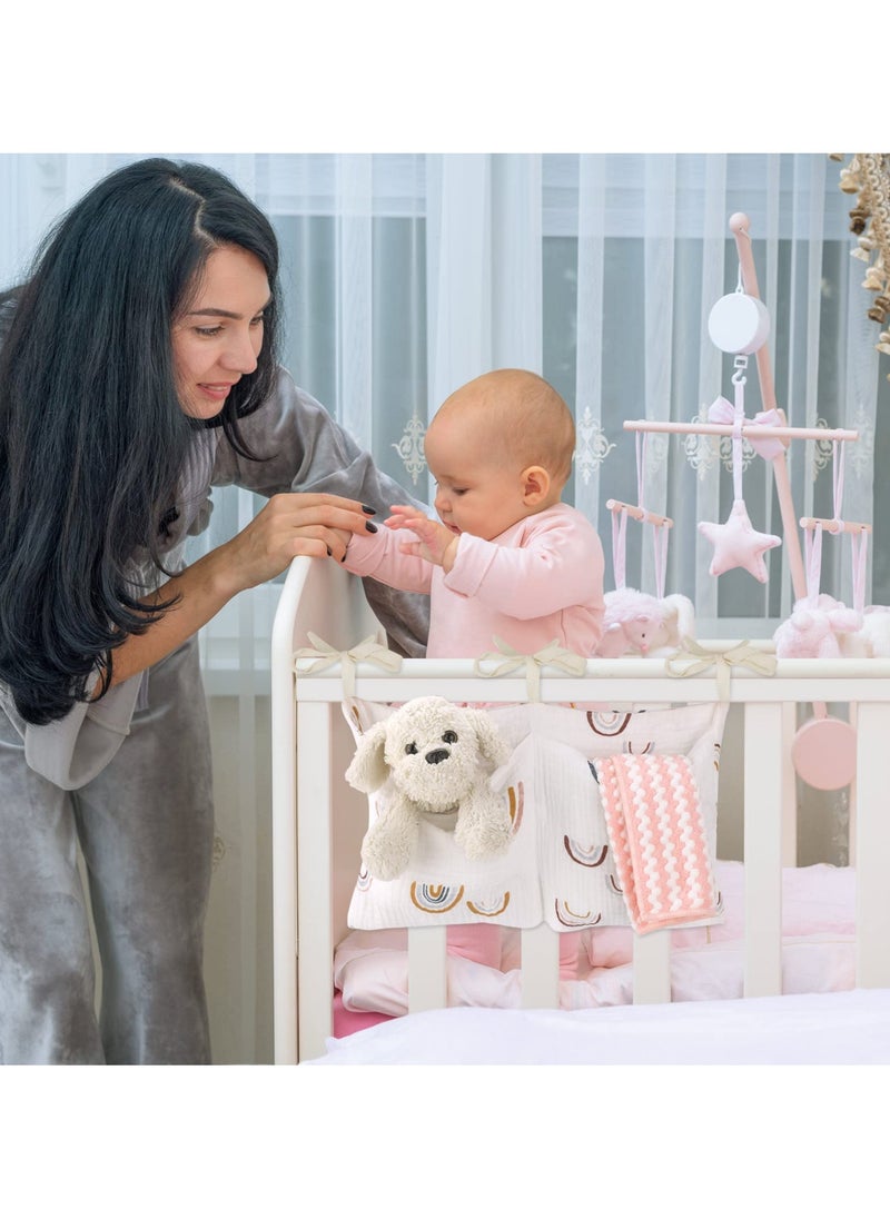 SYOSI SYOSI Hanging Storage Bag for Baby Bedside, Linen Baby Nursery Organizer, Small Baby Crib Organizer Bag with 2 Pockets, Baby Hanging Storage Bag for Bottles, Toys, Diapers and Nipples (Rainbow)  - Image 4