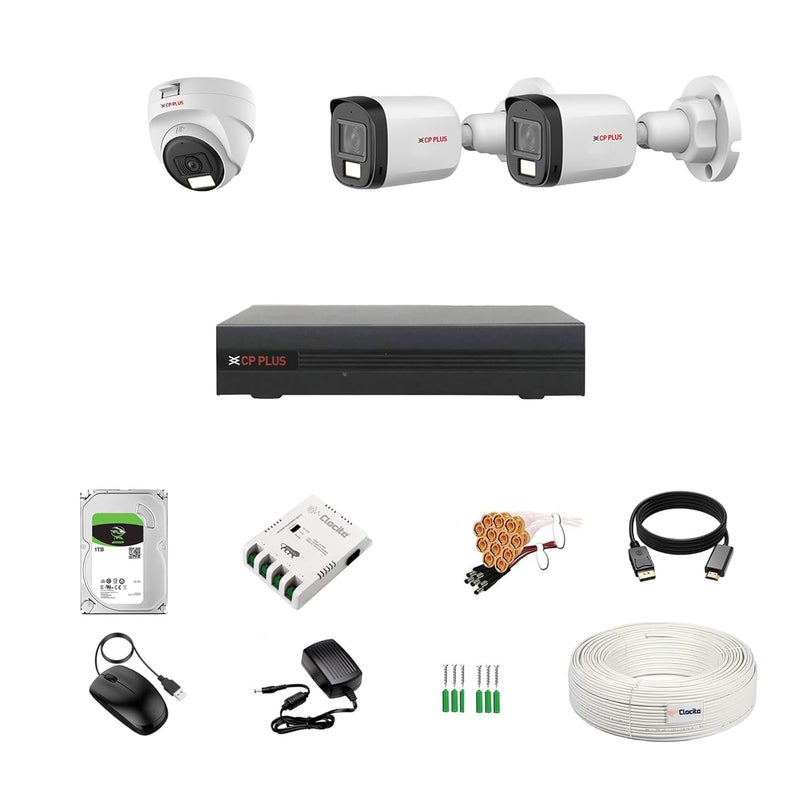 Clocite CP Plus illumax 2.4MP 4 Channel DVR, 2.4MP 1 Dome & 2 Bullet Cameras [Color Night Vision + Built-in Audio MIC + Smart Dual Light + Motion Detection] + 1 TB HDD + 4 CH SMPS + CCTV Cable + BNC/DC - Image 1