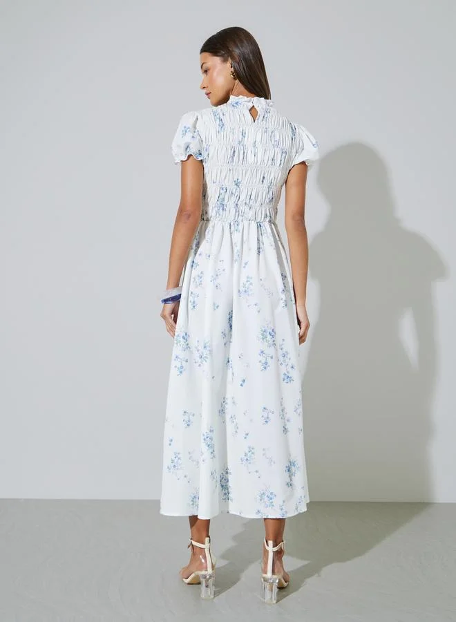 Styli  White Floral Print Ruched Details A-Line maxi Dress for Women | Best Price UAE