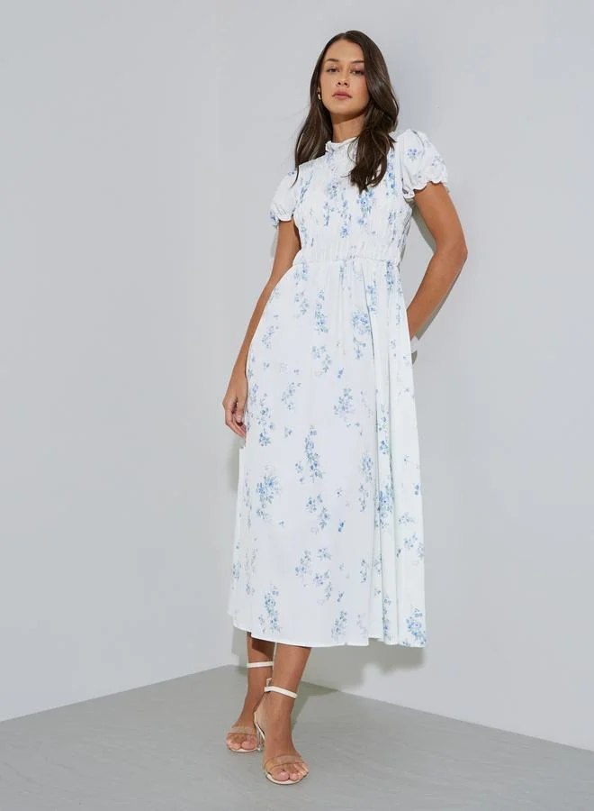 White Floral Print Ruched Details A-Line maxi Dress