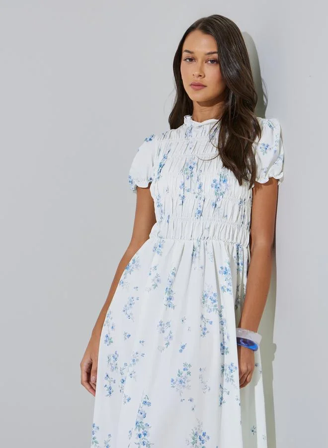 Styli  White Floral Print Ruched Details A-Line maxi Dress for Women | Best Price UAE